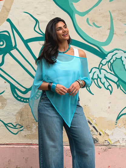 Oversized blue sheer poncho for a boho chic outfit