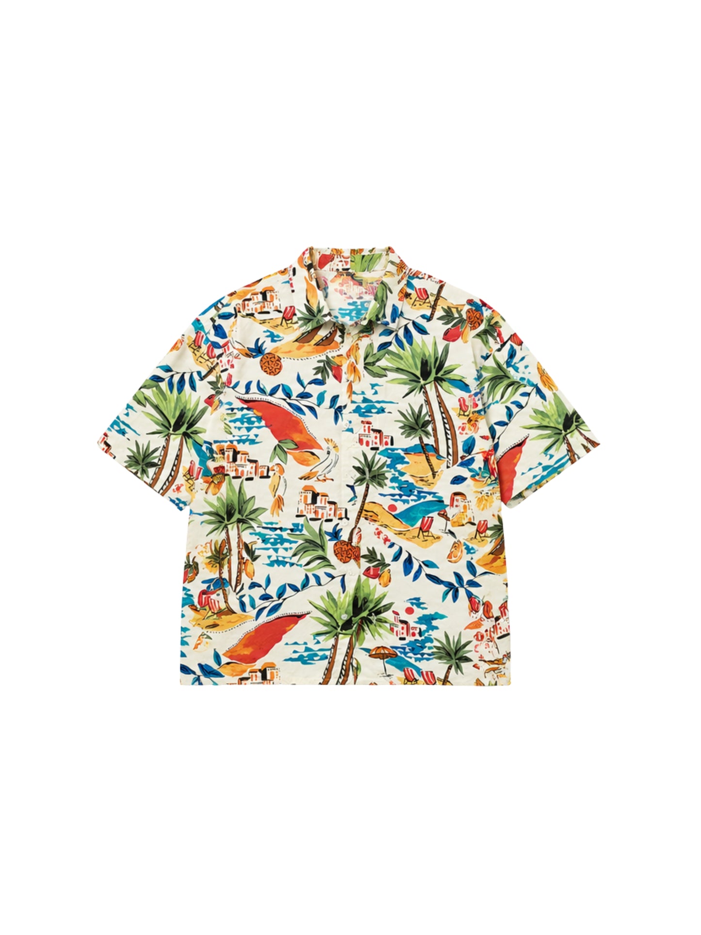 Colorful tropical ikami patterned mykonos shirt on a white background