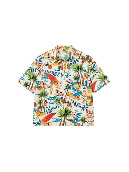 Colorful tropical ikami patterned mykonos shirt on a white background