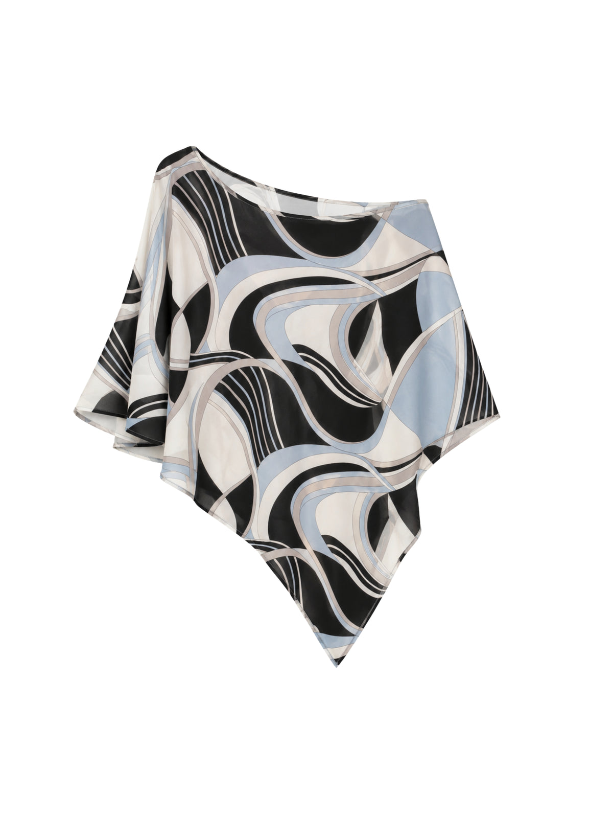 A lightweight, asymmetrical draped poncho featuring an abstract wavy pattern in black, white, light blue, and grey, displayed against a solid white background.